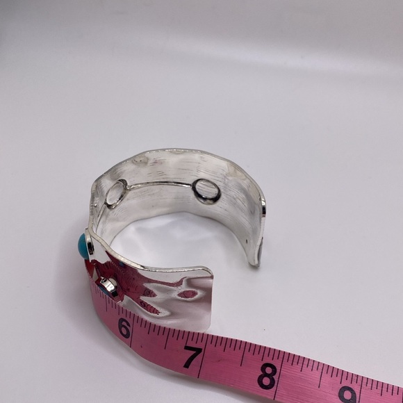 Turquoise Hammered Bangle Boho Festival Western Concho Silver Cuff Bracelet - Picture 4 of 11